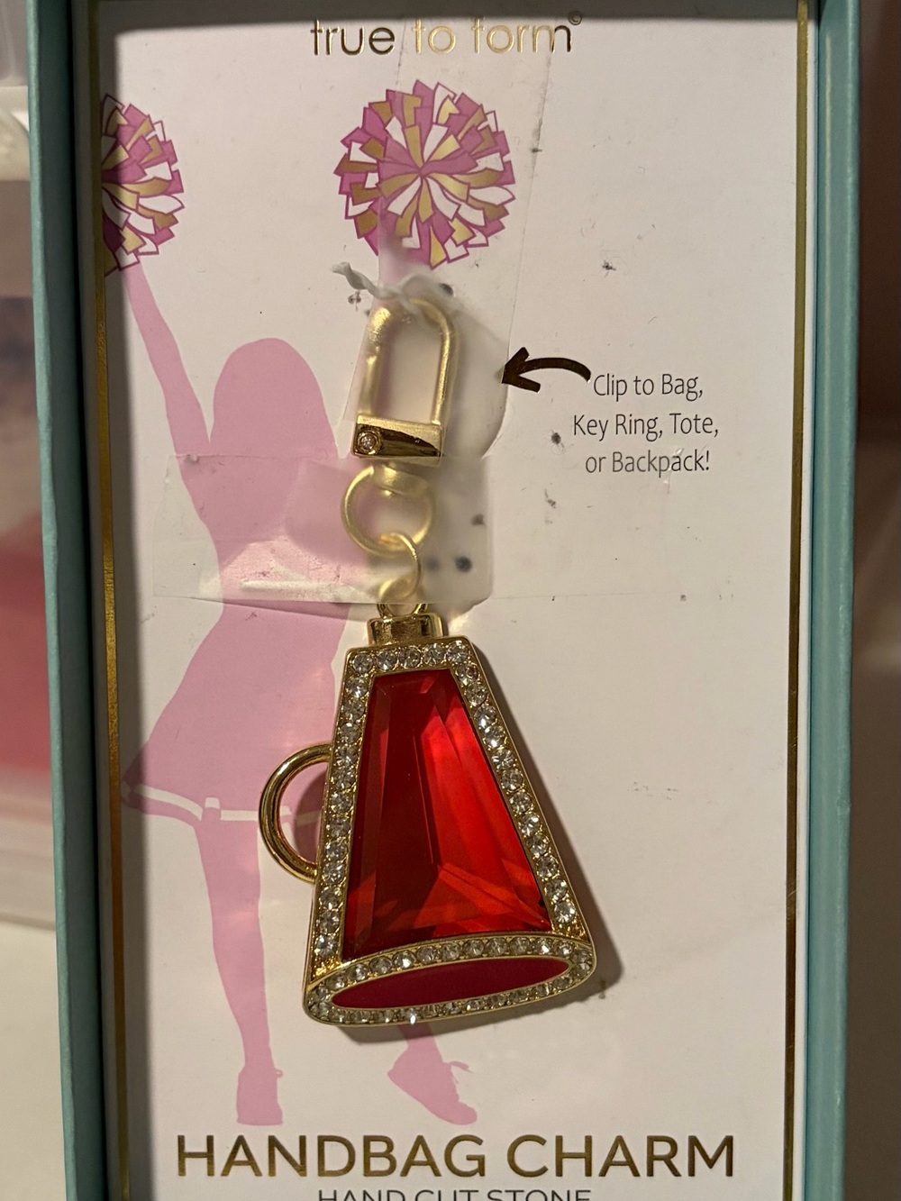 True to Form Handbag Charm with Red Stone Megaphone and Gold/Rhinestone Trim